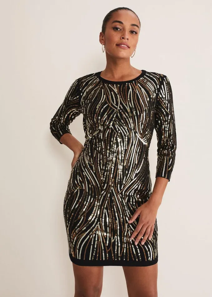 Phase Eight Anisa Open Back Sequin Knit Dress Blackgold Women Dresses