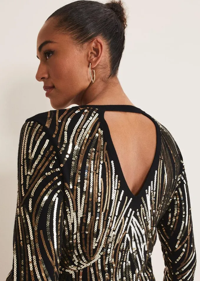 Phase Eight Anisa Open Back Sequin Knit Dress Blackgold Women Dresses