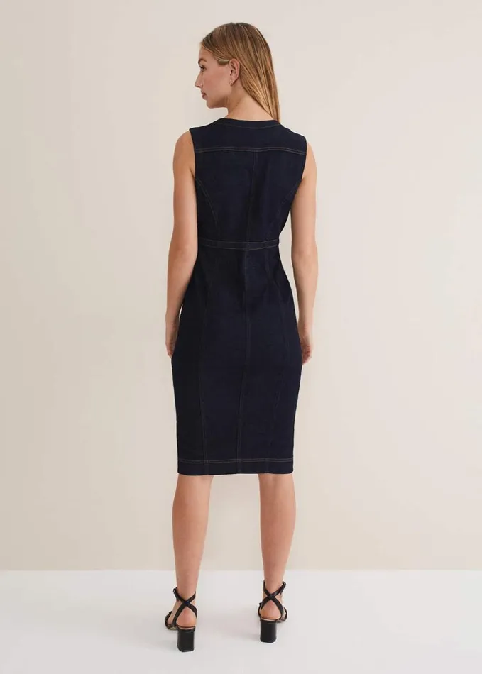 Phase Eight Anwen Fitted Denim Midi Dress Indigo Women Dresses
