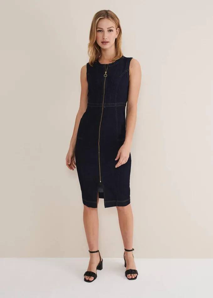 Phase Eight Anwen Fitted Denim Midi Dress Indigo Women Dresses