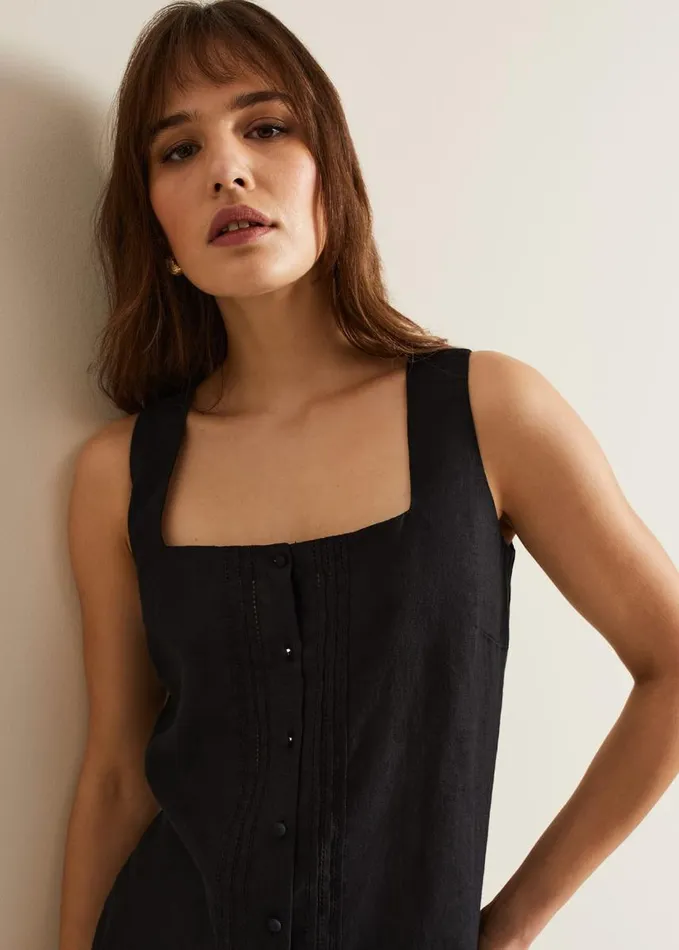 Phase Eight Ashley Linen Button Shell Top Black Women Shirts and Blouses
