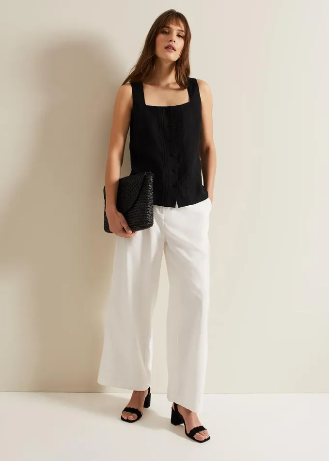 Phase Eight Ashley Linen Button Shell Top Black Women Shirts and Blouses