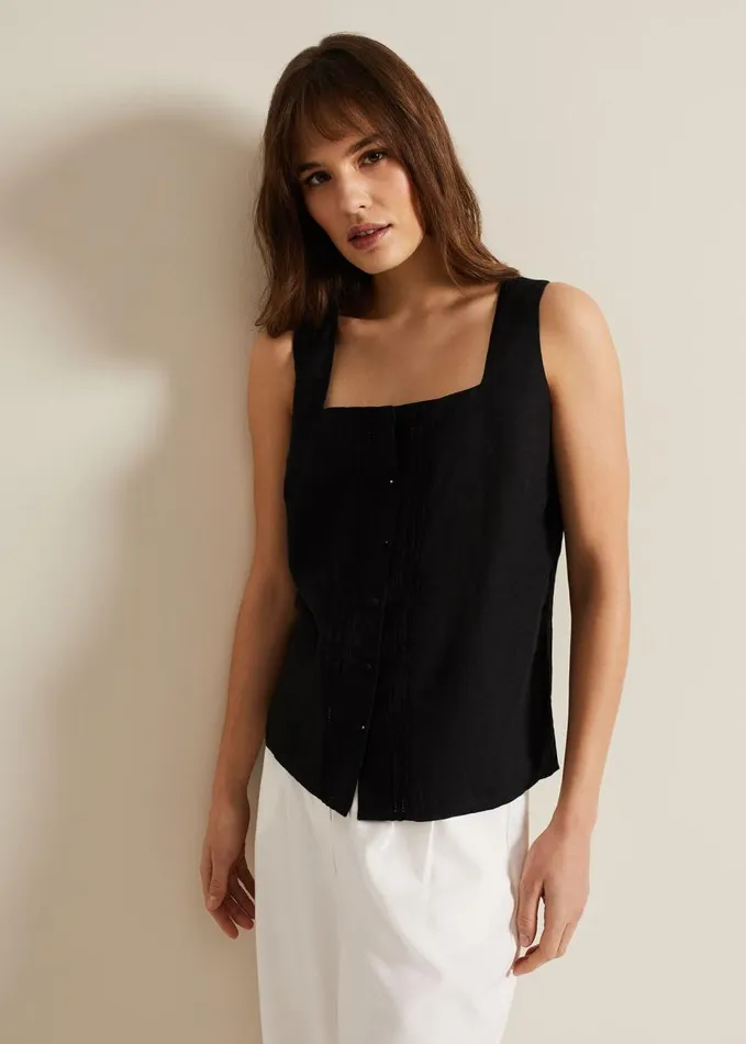 Phase Eight Ashley Linen Button Shell Top Black Women Shirts and Blouses