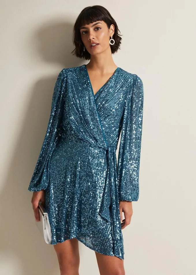 Phase Eight Carissa Teal Sequin Wrap Mini Dress Teal Women Dresses