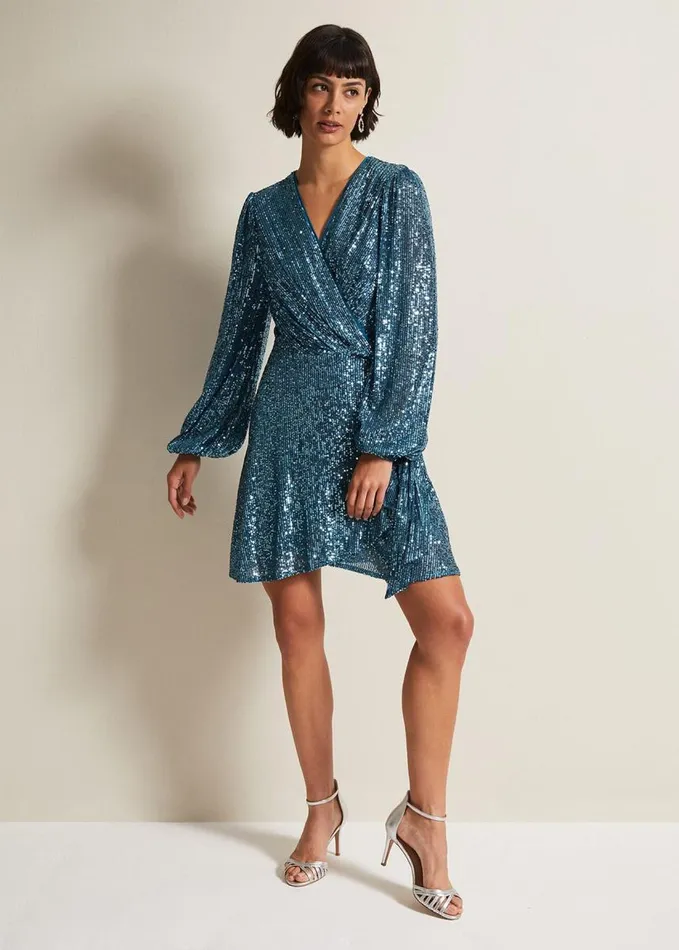 Phase Eight Carissa Teal Sequin Wrap Mini Dress Teal Women Dresses