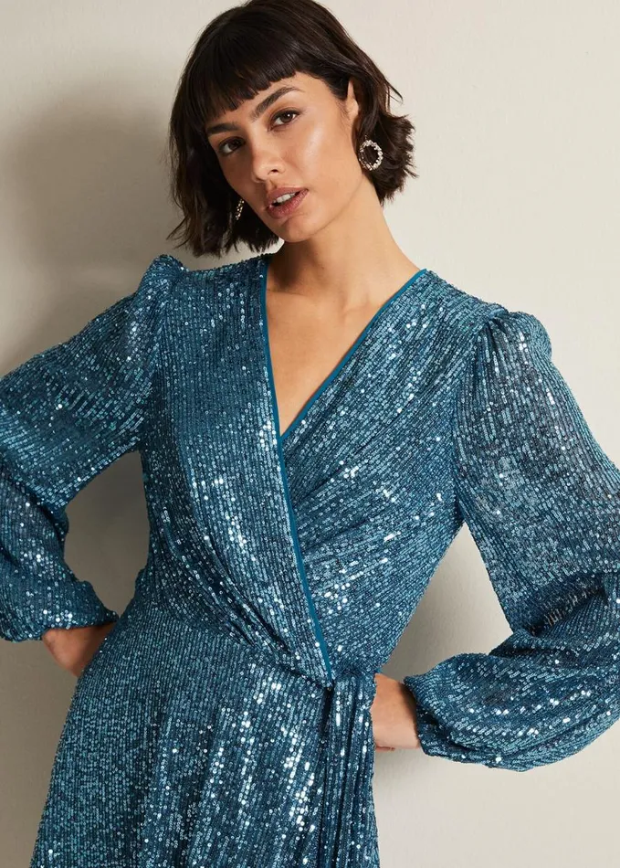 Phase Eight Carissa Teal Sequin Wrap Mini Dress Teal Women Dresses