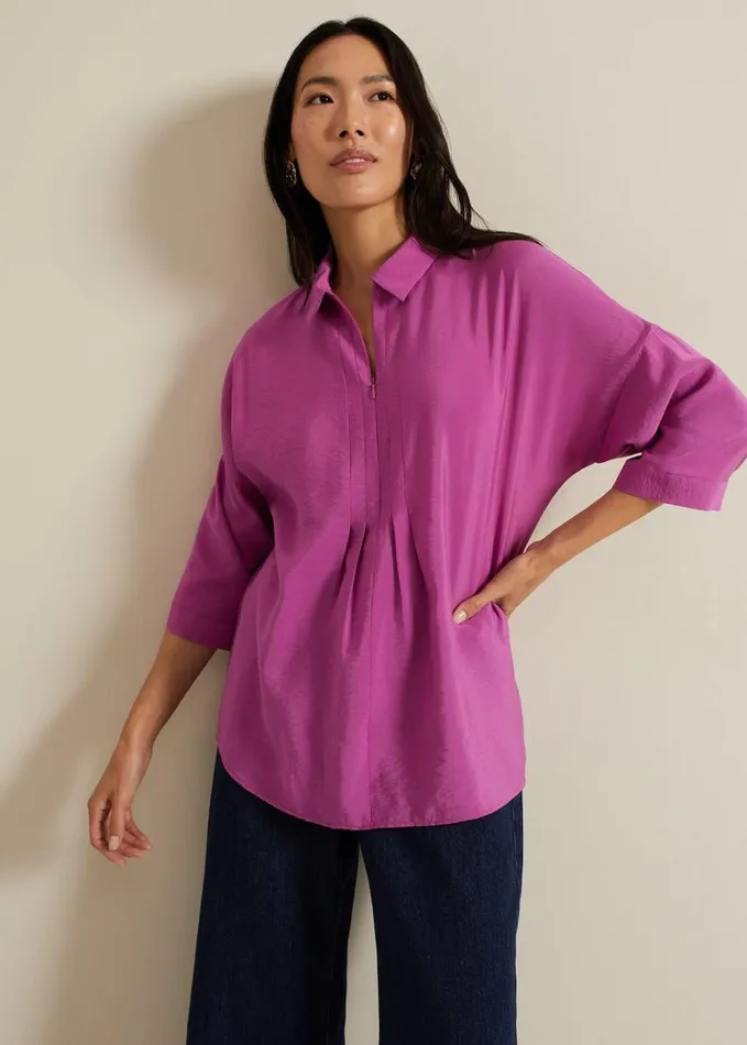 Phase Eight Cynthia Pleat Zip Front Shirt Pink Women Shirts and Blouses