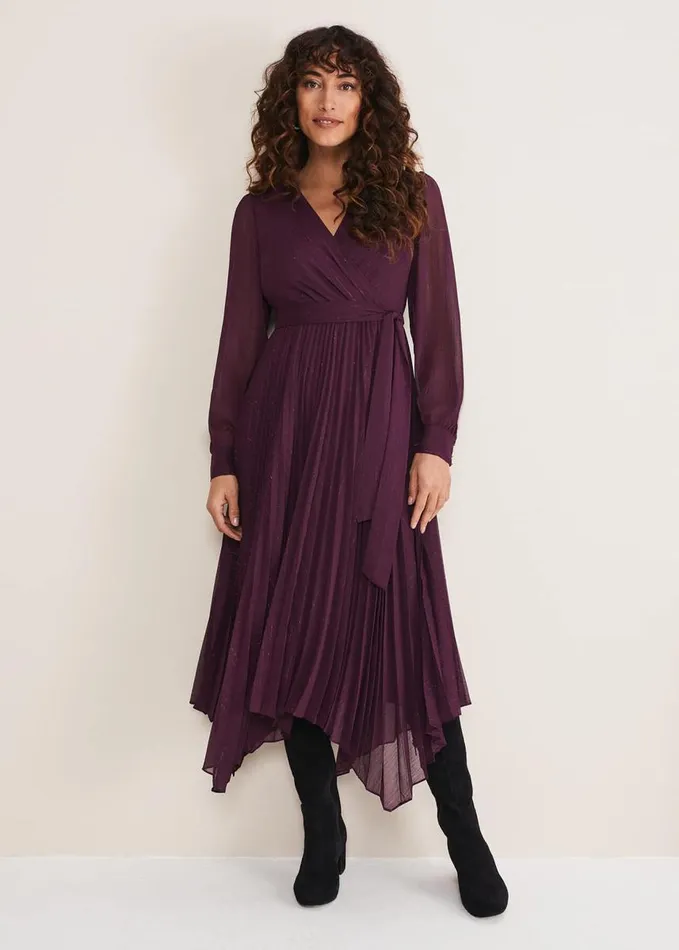 Phase Eight Dani Pleated Belted Midi Dress Plum Women Dresses