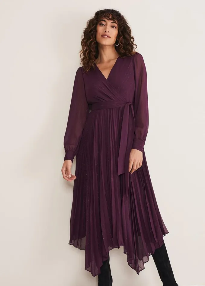 Phase Eight Dani Pleated Belted Midi Dress Plum Women Dresses