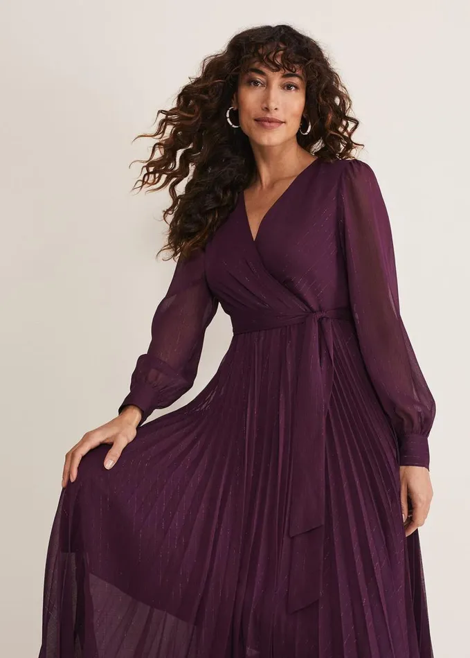 Phase Eight Dani Pleated Belted Midi Dress Plum Women Dresses