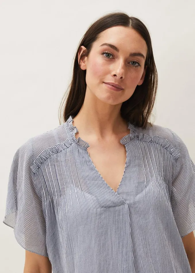 Phase Eight Diya Frill Stripe Blouse Whitesoft Blue Women Shirts and Blouses