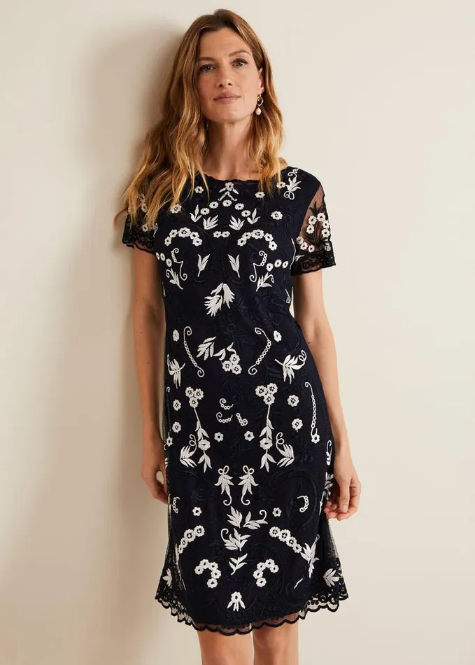 Phase Eight Florisa Embroidered Dress Navy Women Dresses