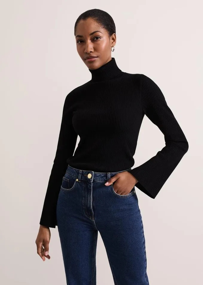 Phase Eight Fran Fluted Sleeve Ribbed Roll Neck Black Women Knitwear