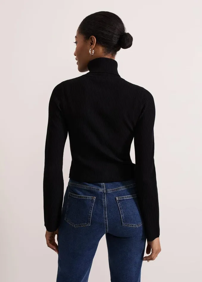 Phase Eight Fran Fluted Sleeve Ribbed Roll Neck Black Women Knitwear