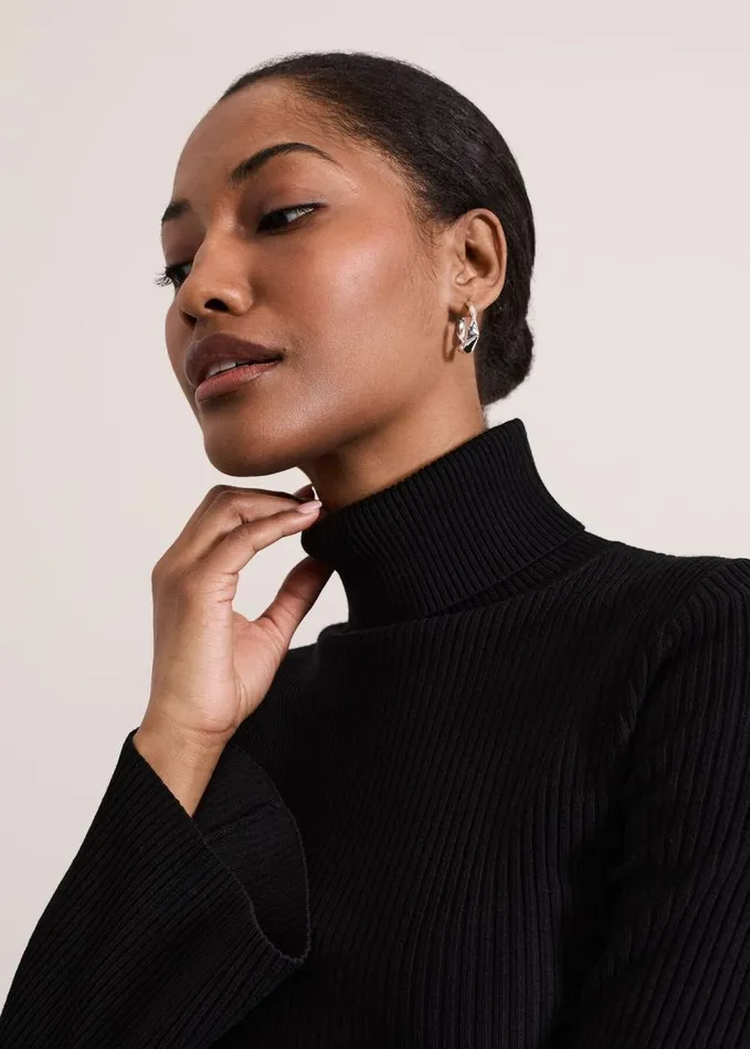 Phase Eight Fran Fluted Sleeve Ribbed Roll Neck Black Women Knitwear
