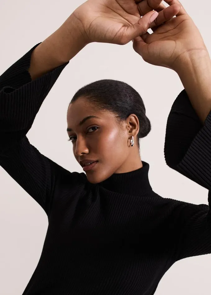 Phase Eight Fran Fluted Sleeve Ribbed Roll Neck Black Women Knitwear