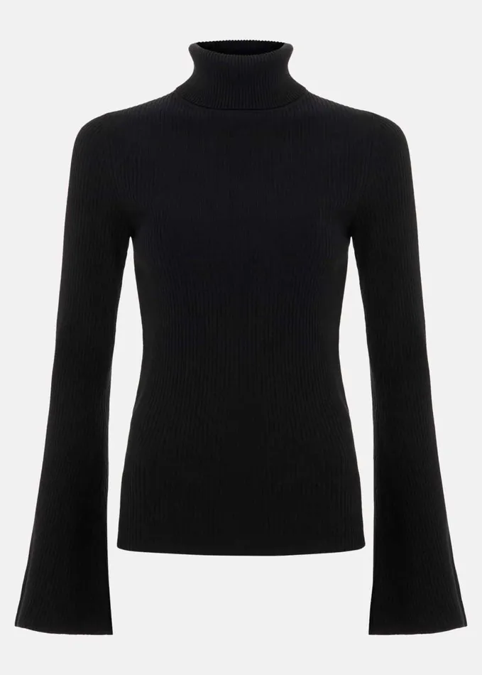 Phase Eight Fran Fluted Sleeve Ribbed Roll Neck Black Women Knitwear
