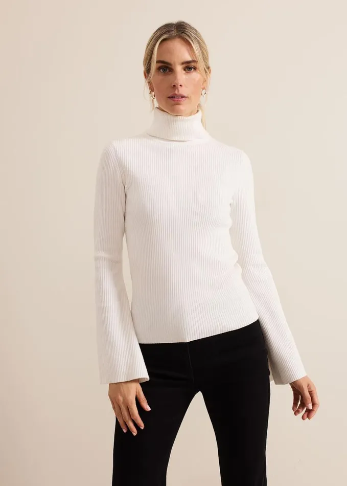 Phase Eight Fran Fluted Sleeve Ribbed Roll Neck Ivory Women Knitwear
