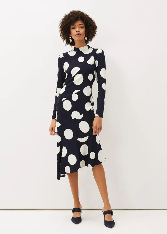 Phase Eight Gabi Spot Print Asymmetric Hem Dress Navyivory Women Dresses