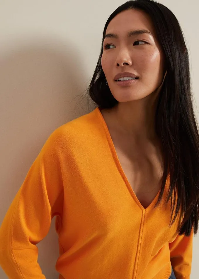 Phase Eight Gina V Neck Batwing Jumper Orange Women Knitwear