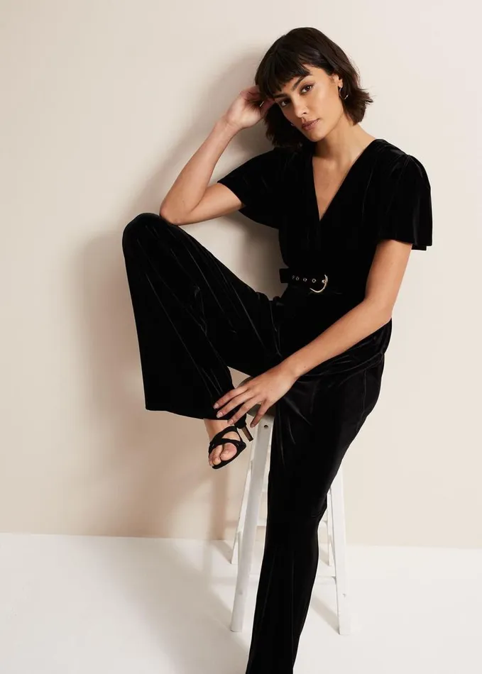 Phase Eight Holly Black Velvet Jumpsuit Black Women Dresses