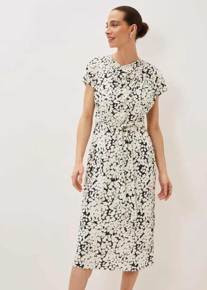 Phase Eight Jaelynn Ditsy Cowl Tie Waist Print Dress Smokeivory Women Dresses