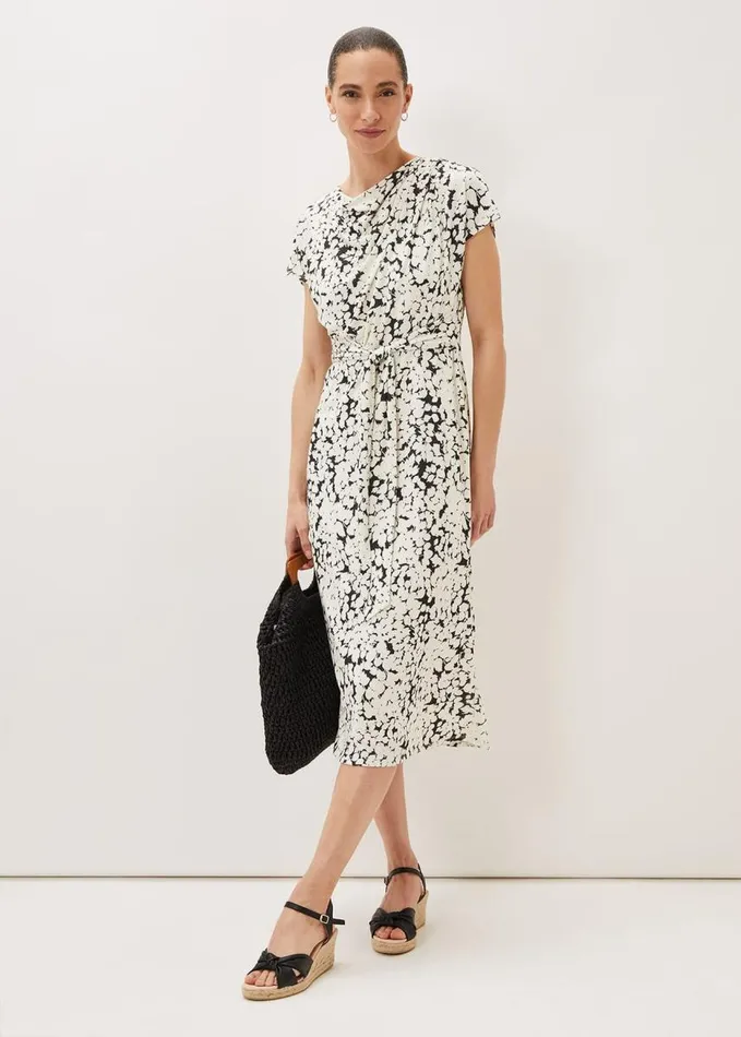 Phase Eight Jaelynn Ditsy Cowl Tie Waist Print Dress Smokeivory Women Dresses