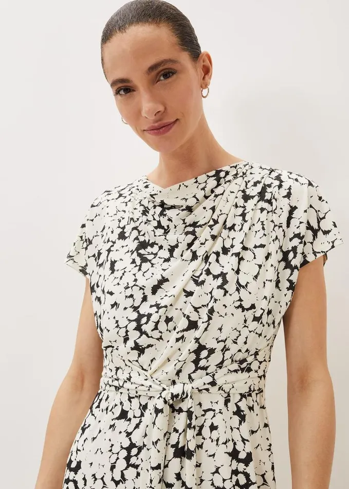 Phase Eight Jaelynn Ditsy Cowl Tie Waist Print Dress Smokeivory Women Dresses