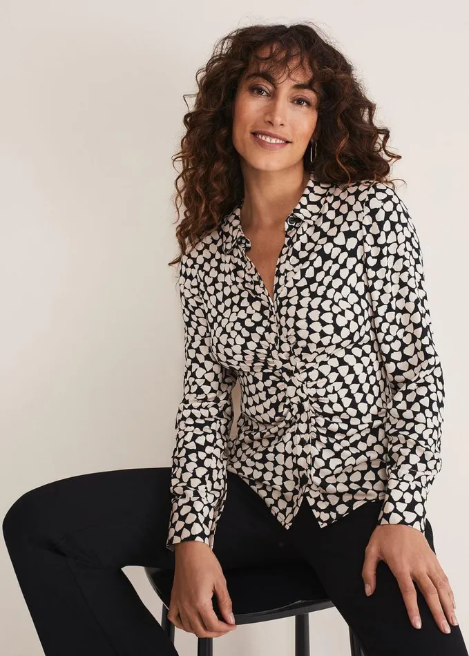 Phase Eight Kesia Ruched Front Heart Print Shirt Blackcamel Women Shirts and Blouses