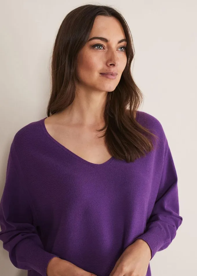 Phase Eight Kirste Textured Fine Knit VNeck Jumper Bright Purple Women Knitwear