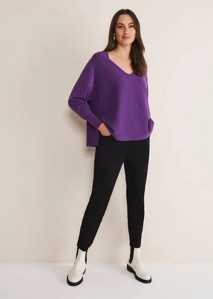 Phase Eight Kirste Textured Fine Knit VNeck Jumper Bright Purple Women Knitwear