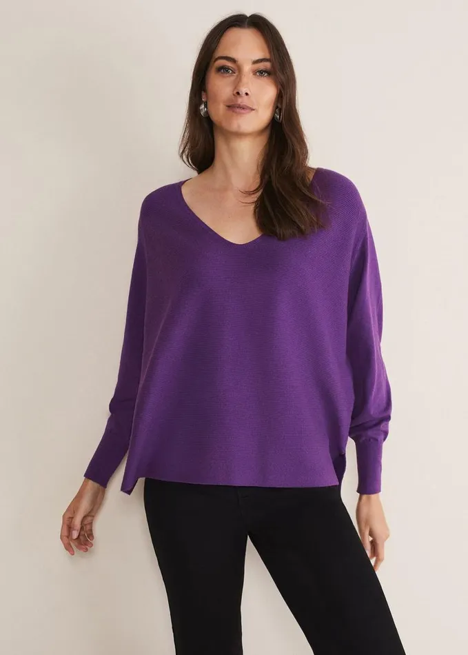 Phase Eight Kirste Textured Fine Knit VNeck Jumper Bright Purple Women Knitwear