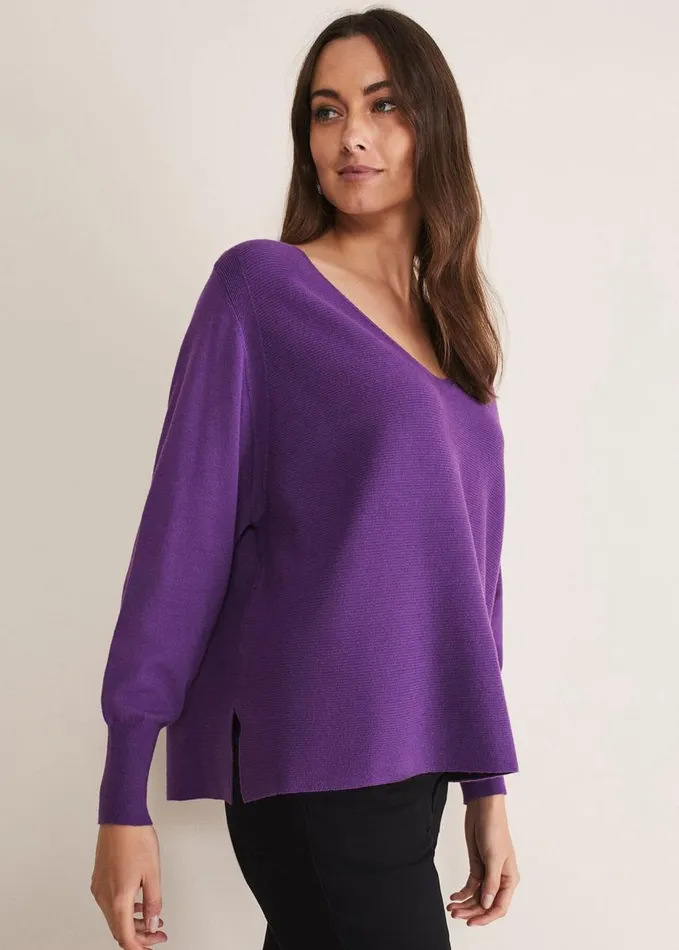 Phase Eight Kirste Textured Fine Knit VNeck Jumper Bright Purple Women Knitwear