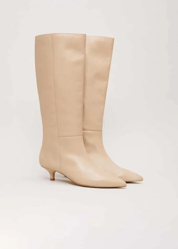 Phase Eight Knee High Kitten Heel Boot Cream Women Boots