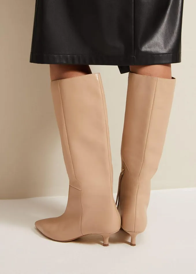Phase Eight Knee High Kitten Heel Boot Cream Women Boots