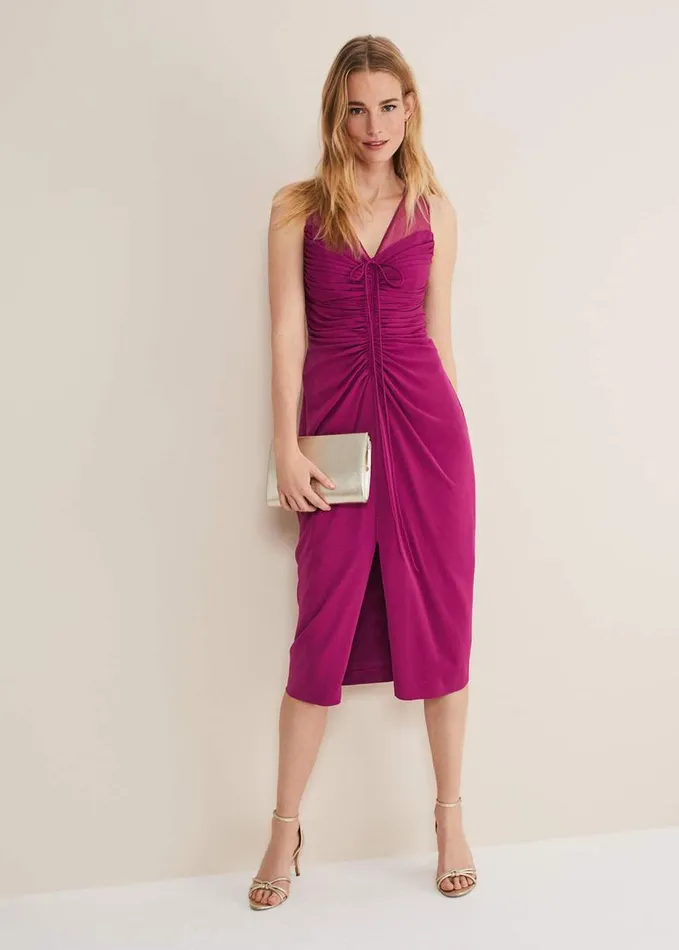 Phase Eight Leah Ruched Midi Dress Magenta Women Dresses
