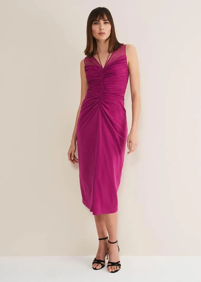 Phase Eight Leah Ruched Midi Dress Magenta Women Dresses