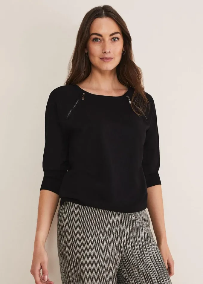 Phase Eight Lolan Zip Trim Knit Jumper Black Women Knitwear
