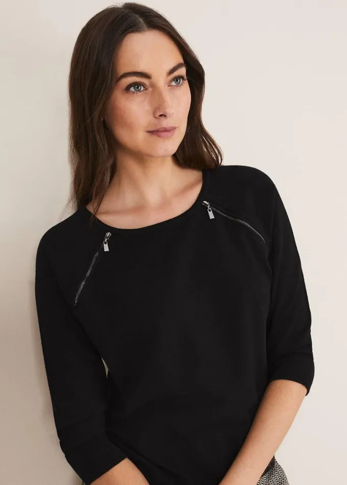 Phase Eight Lolan Zip Trim Knit Jumper Black Women Knitwear