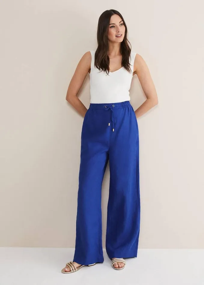 Phase Eight Lolita Blue Linen Wide Leg Trousers Cobalt Women Trousers