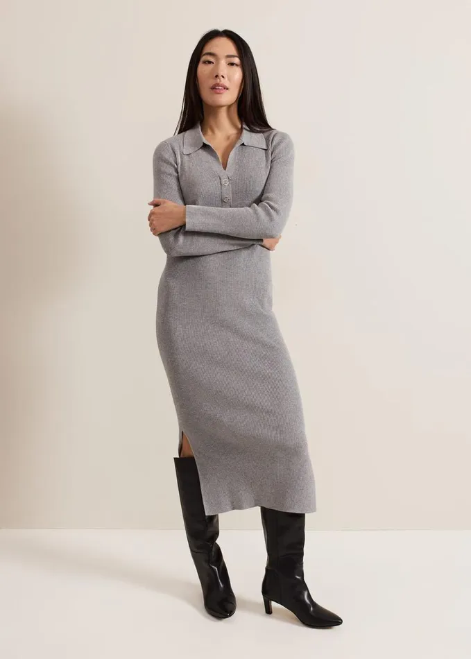 Phase Eight Lucy Collared Popper Column Midi Dress Grey Women Dresses