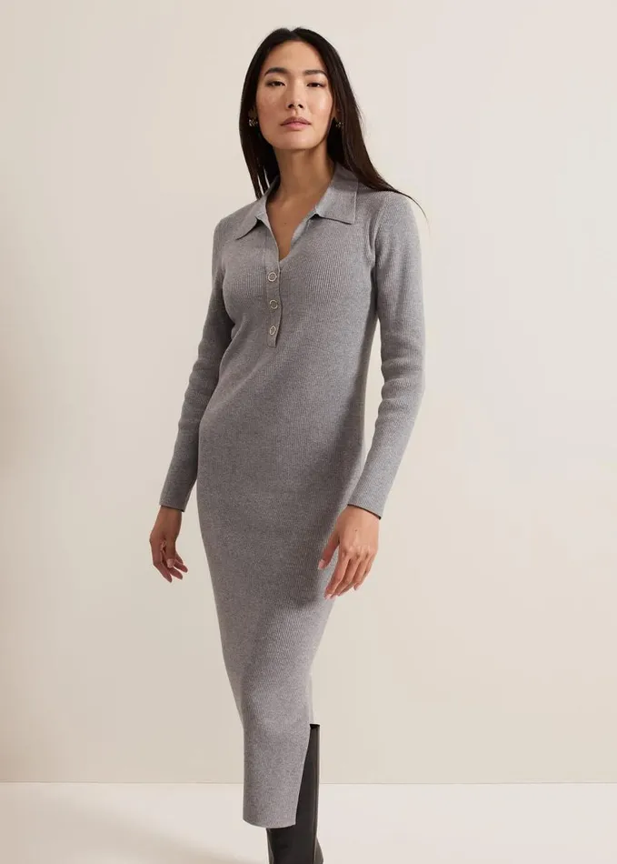 Phase Eight Lucy Collared Popper Column Midi Dress Grey Women Dresses