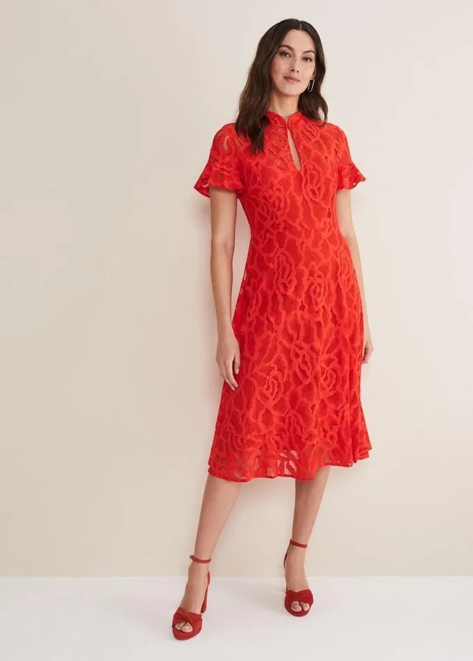 Phase Eight Lulu Lace Midi Dress Fire Women Dresses