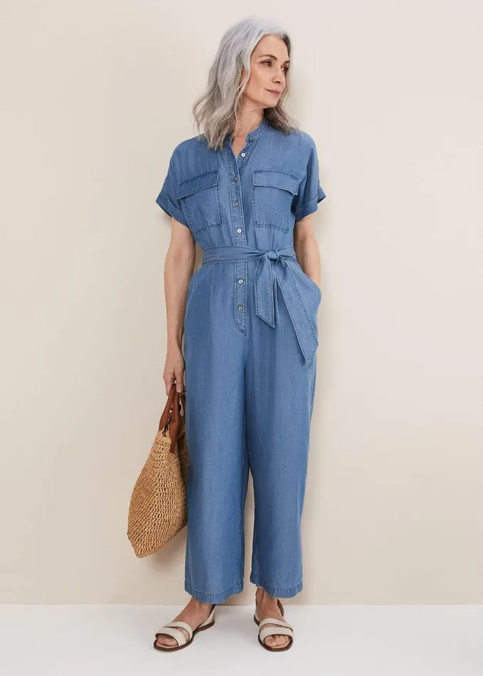 Phase Eight Lyla Blue Wide Leg Jumpsuit Chambray Women Dresses