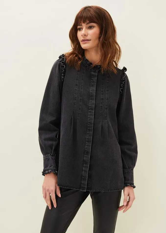 Phase Eight Marvel Frill Denim Overshirt Washed Black Women Shirts and Blouses