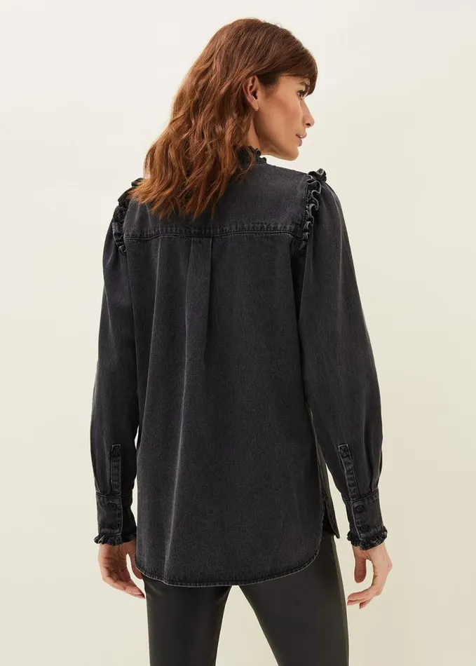 Phase Eight Marvel Frill Denim Overshirt Washed Black Women Shirts and Blouses