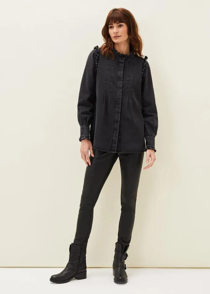 Phase Eight Marvel Frill Denim Overshirt Washed Black Women Shirts and Blouses