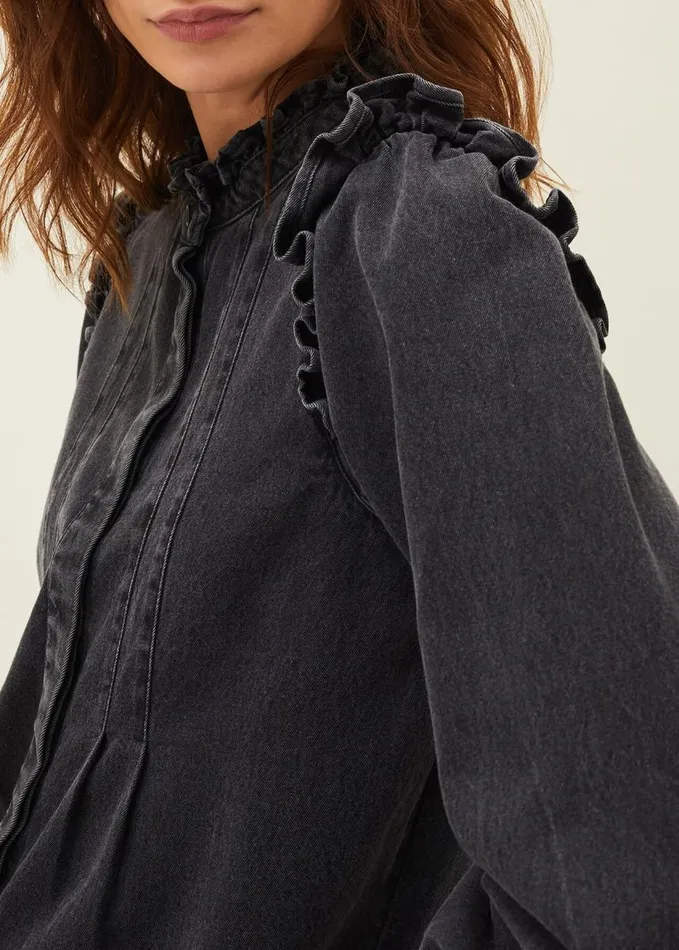 Phase Eight Marvel Frill Denim Overshirt Washed Black Women Shirts and Blouses
