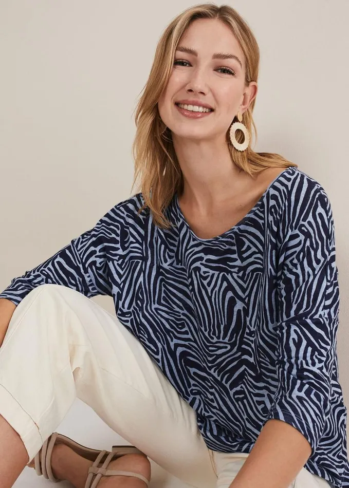 Phase Eight Moire Linen Zebra Print Top Blue Women Tops and TShirts
