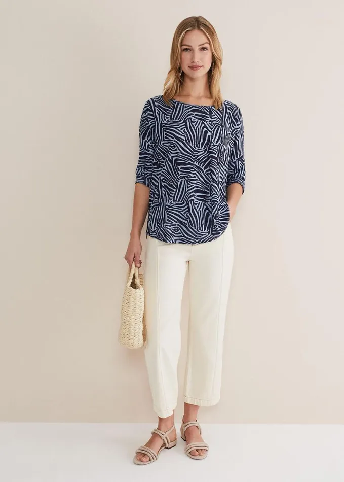 Phase Eight Moire Linen Zebra Print Top Blue Women Tops and TShirts